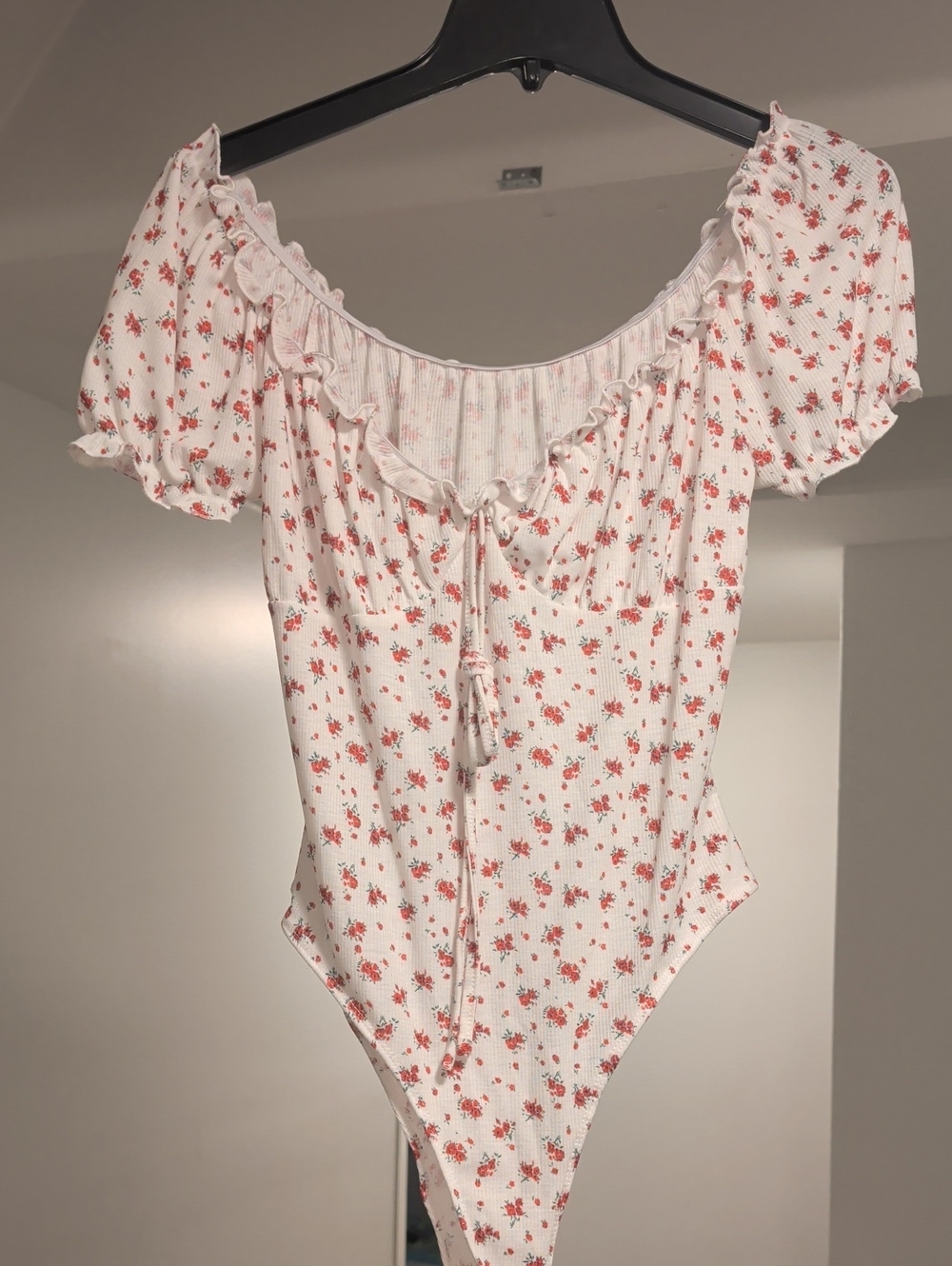 SHEIN White Ribbed Chemise Bodysuit with Coral Floral Print